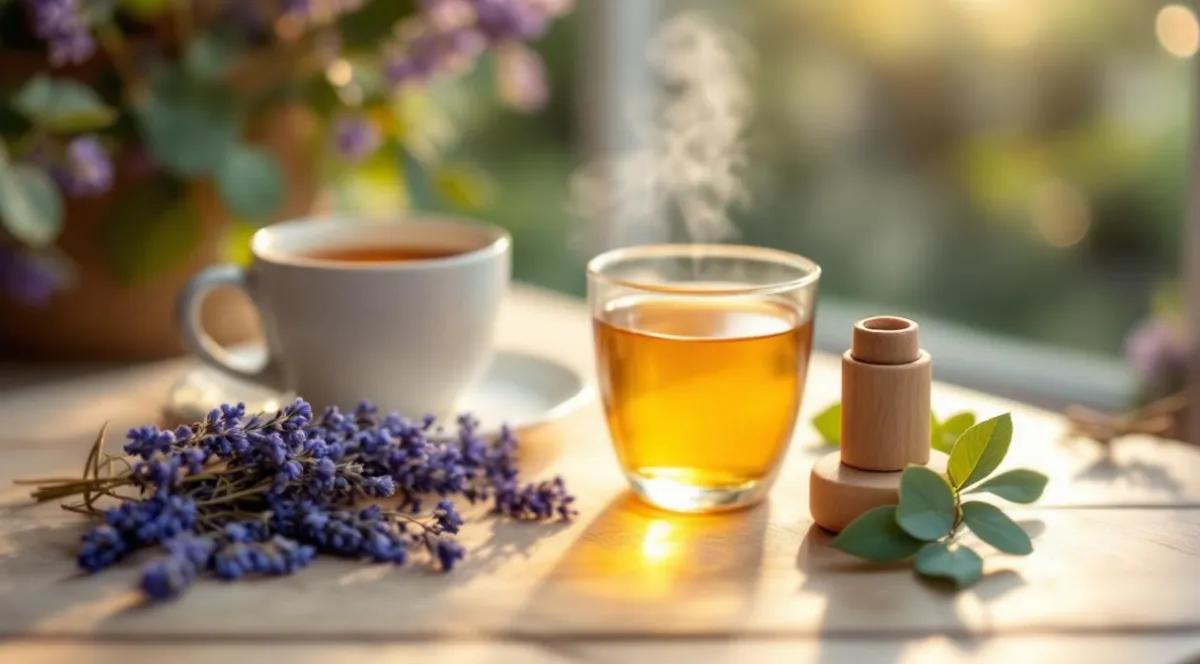 Une tisane et des plantes sur une table