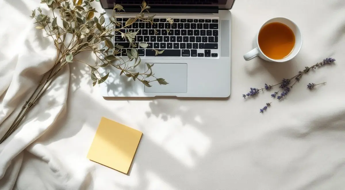 Nature morte minimaliste avec laptop fermé, plante fatiguée et tasse de tisane froide sur surface en lin — ambiance burn-out et lâcher-prise