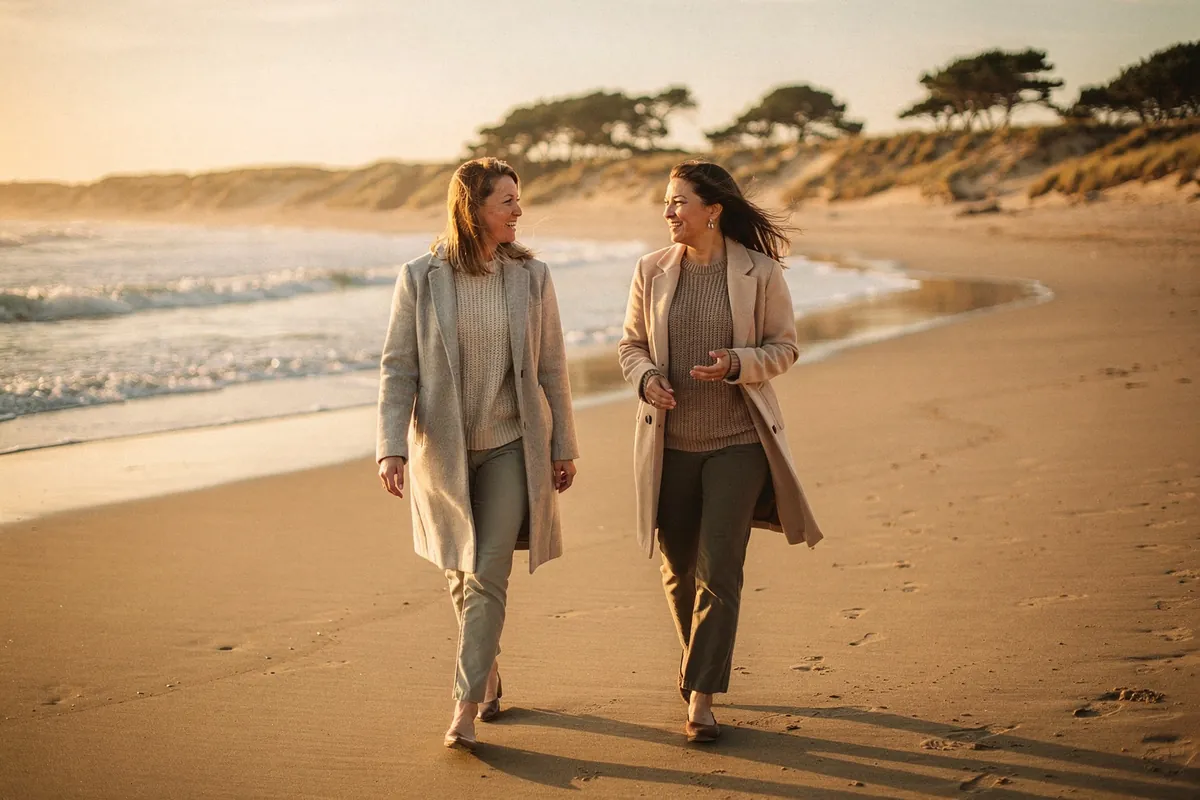 Deux femmes marchent en discutant sur une grande plage de sable au soleil couchant, devant des dunes et des pins