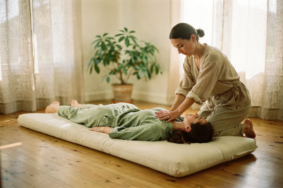 Séance de shiatsu sur futon au sol, personne habillée, pression des paumes sur l'épaule