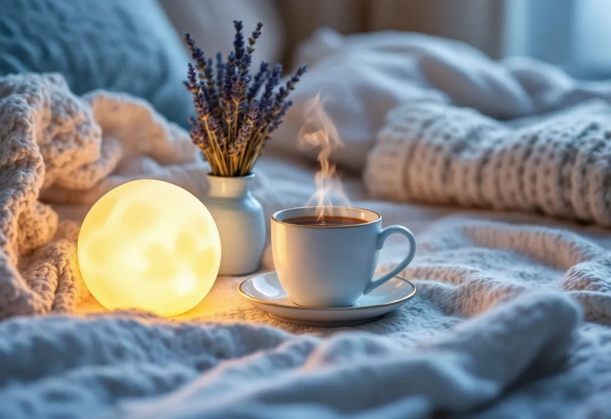 Table de chevet d'enfant avec veilleuse, tisane de camomille et brins de lavande