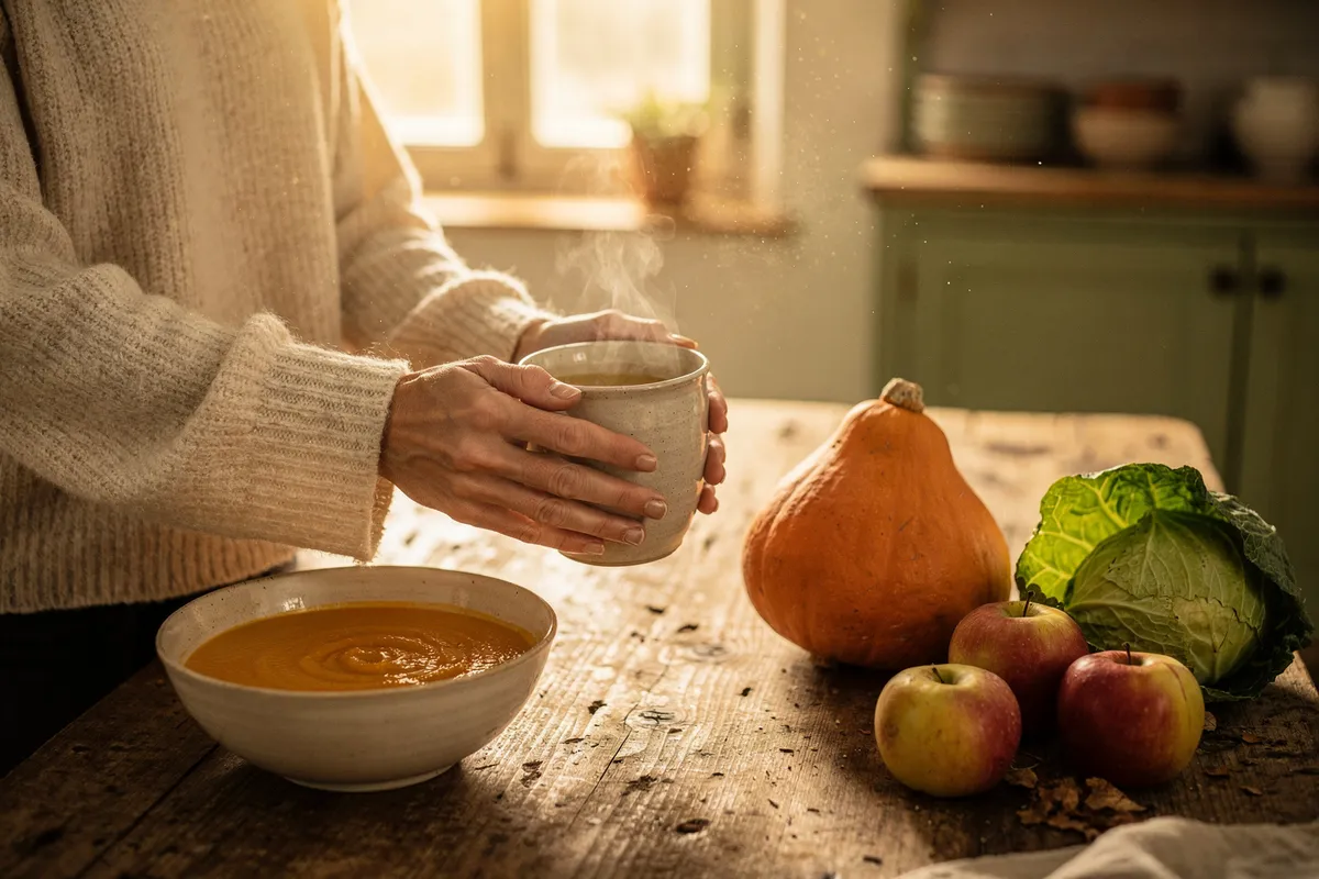 Soupe de potimarron, tisane chaude, courge, chou et pommes sur une table de cuisine en automne