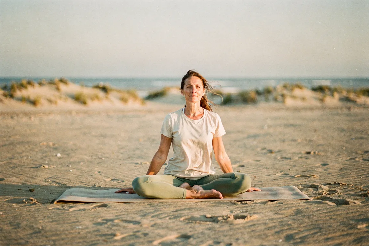 Une femme assise en tailleur sur une plage, les yeux fermés