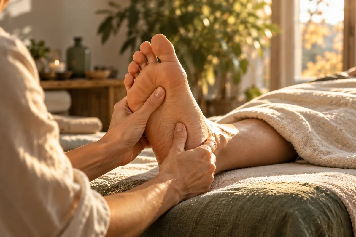 Les mains d'une réflexologue pressent du pouce la plante d'un pied, dans un cabinet baigné de soleil