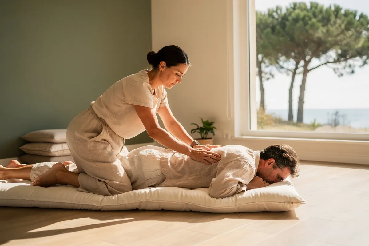 Une praticienne de shiatsu presse le dos d'un homme habillé, allongé sur un futon.