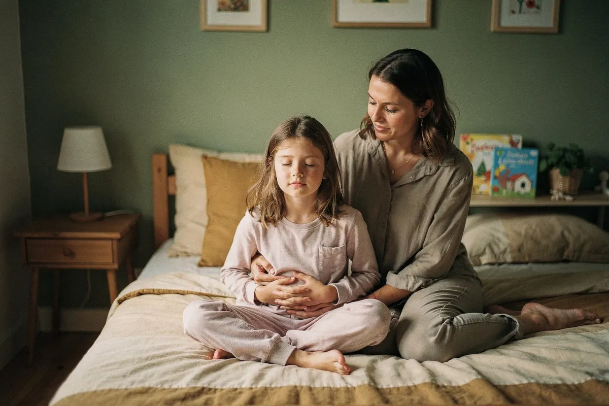 Une mère et sa fille assises sur un lit, les yeux fermés