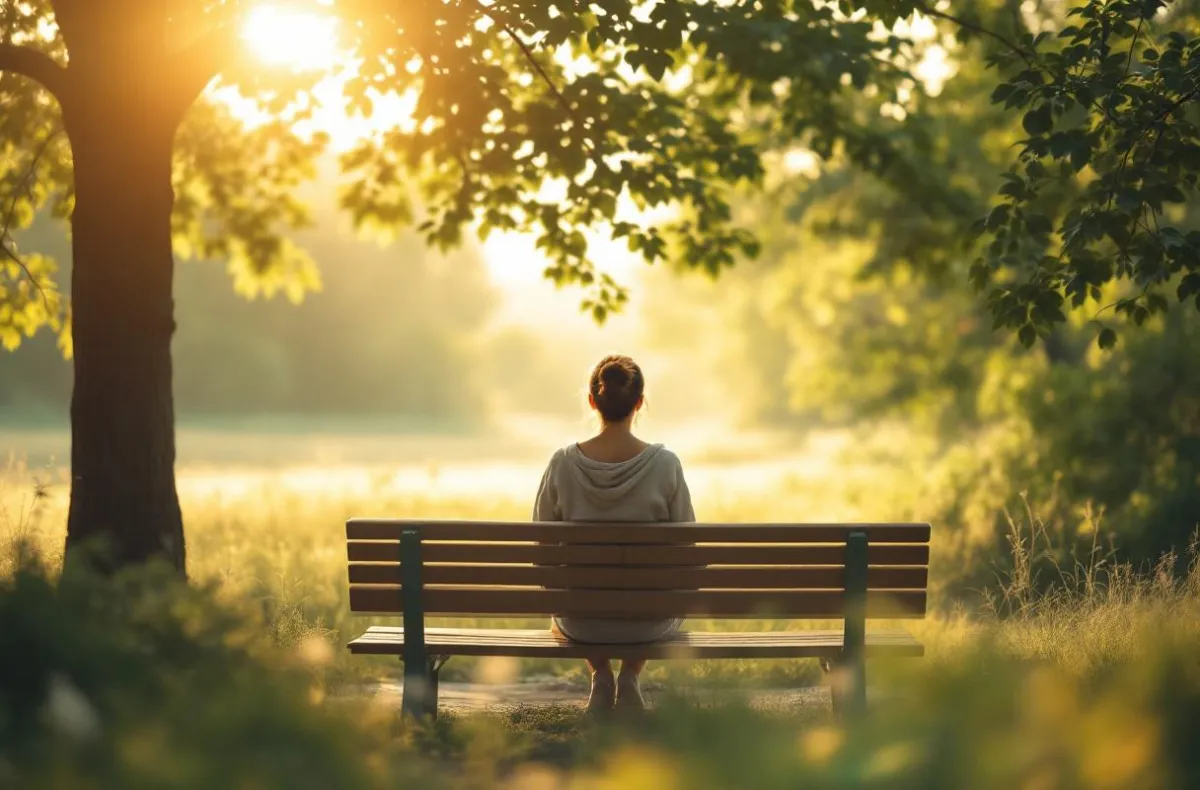 Une personne assise sur un banc, face au lever du soleil