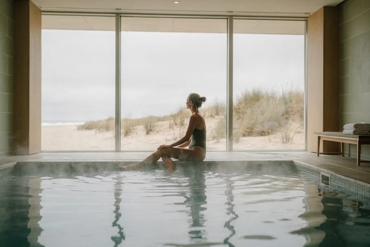 Une femme assise au bord d'un bassin d'eau de mer chauffée, face à une plage bordée de dunes