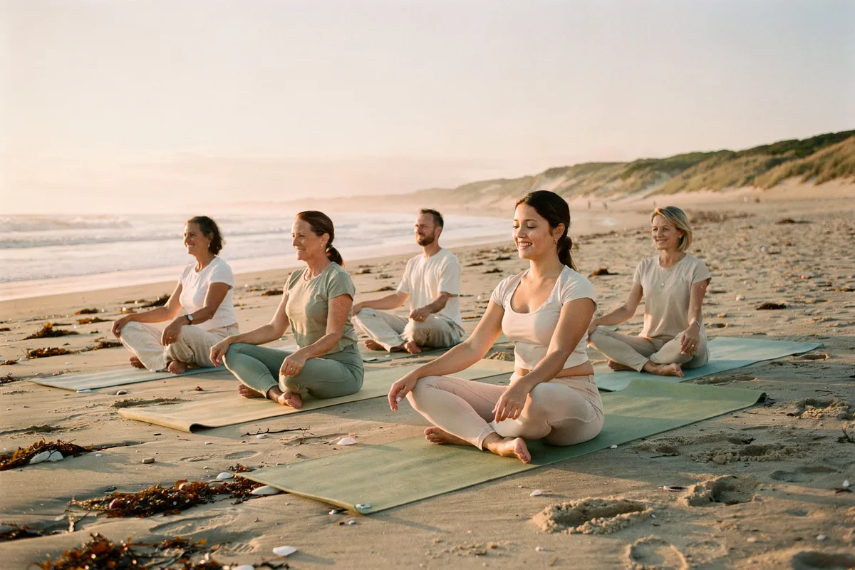 Petit groupe pratiquant le yoga au lever du soleil sur une plage vendéenne